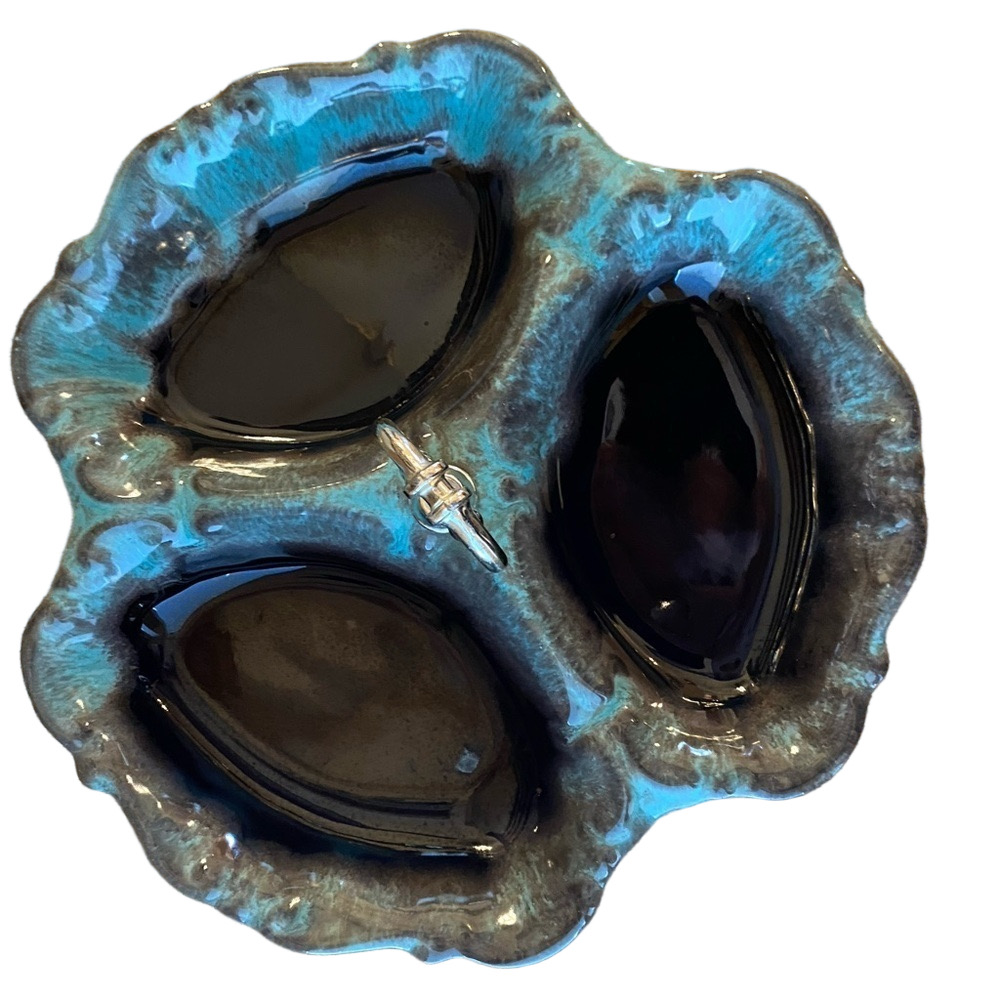 Vintage Chatelaine Canada 3-Part Divided Serving Dish Blue Turquoise Drip Glaze